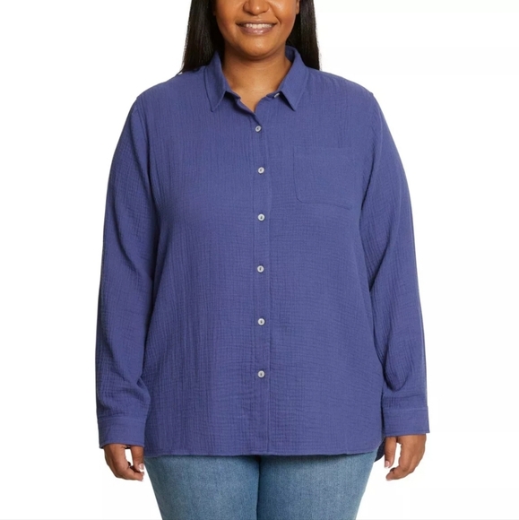 (16)Jessica Simpson Ladies' Gauze Button Front Shirt, BLUE S, L XXL - Picture 4 of 8